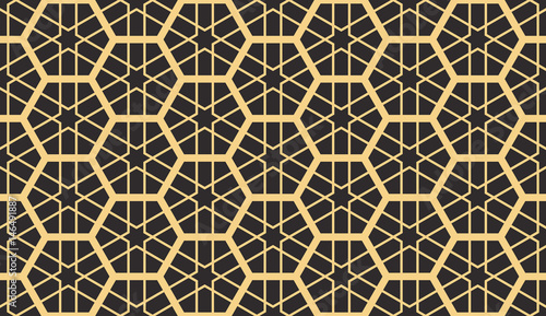 Seamless antique palette black and gold vintage islamic hexagons grid with hexagonal stars tesselation pattern vector