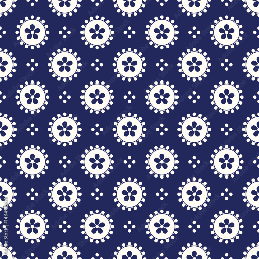 Seamless porcelain indigo blue and white vintage medieval round floral circles pattern vector
