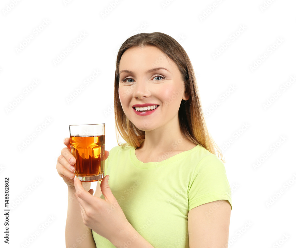 Beautiful woman with glass of fresh juice on white background Beautiful woman with glass of fresh juice on white background