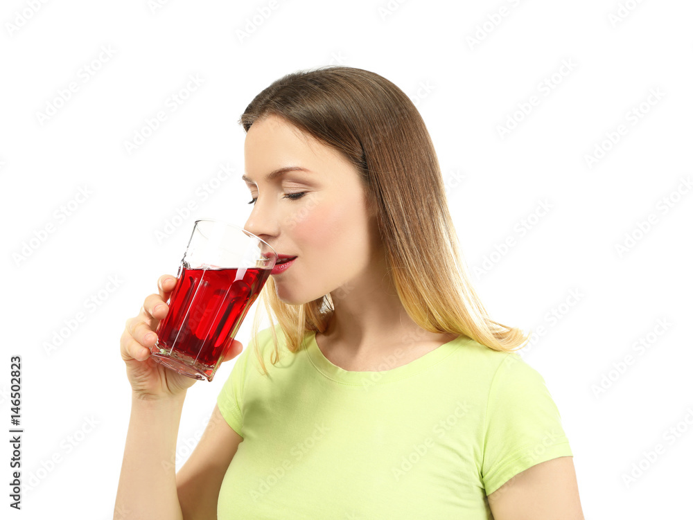 Beautiful woman drinking fresh juice on white background Beautiful woman drinking fresh juice on white background