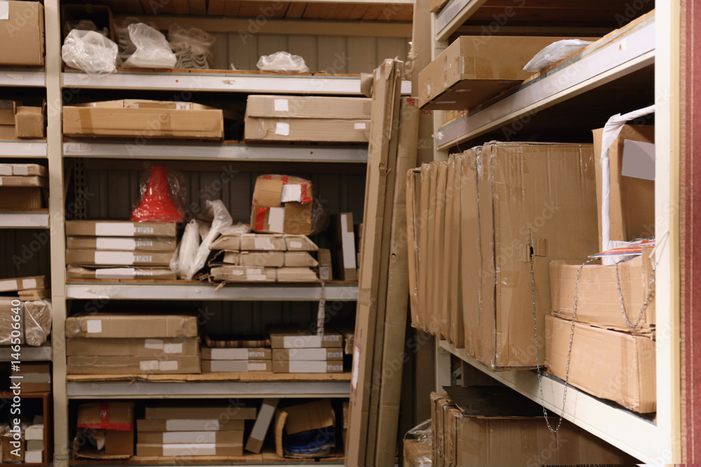 Boxes with goods in wholesale warehouse Boxes with goods in wholesale warehouse