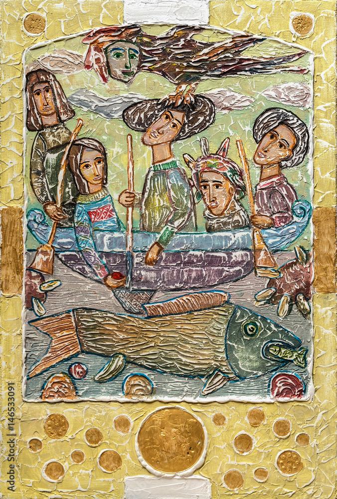 Gesso hand drawn illustration with girls in a boat and fish on a yellow background