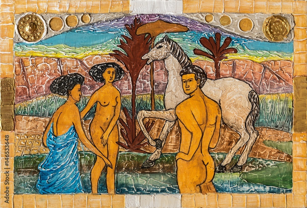Gesso hand drawn illustration with naked girls and man palm trees and a lake and horse   on a yellow background