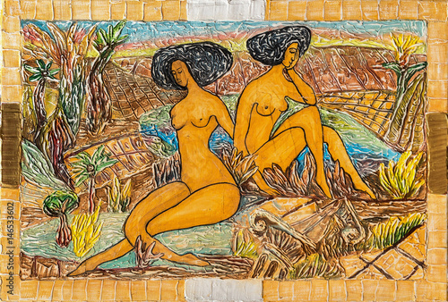 Gesso hand drawn illustration with naked girls, palm trees and a lake on a yellow background