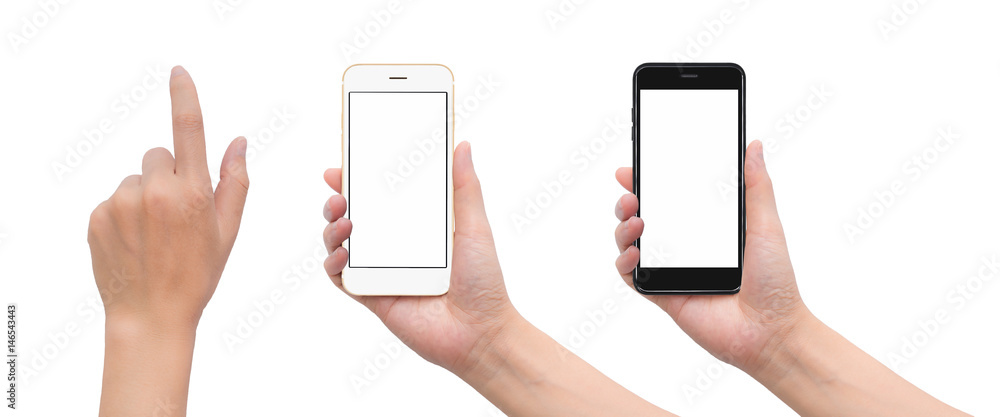 © poravute - Close-up image of two human hand holding black and white blank screen smartphone with hand in touching gesture isolate on white background with clipping path
