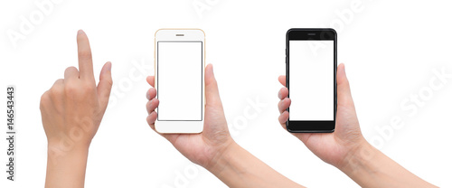 Close-up image of two human hand holding black and white blank screen smartphone with hand in touching gesture isolate on white background with clipping path
