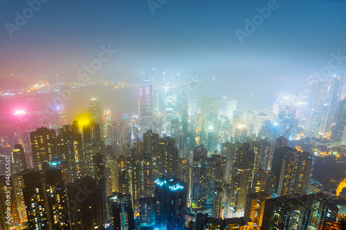 Hong kong city skyline at victoria peak view at night.