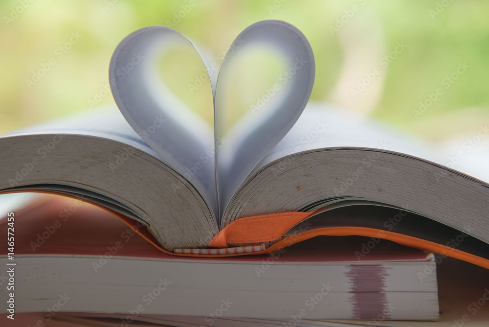 Open Book with heart shape in the middle page in the garden . Open Book with heart shape in the middle page in the garden .