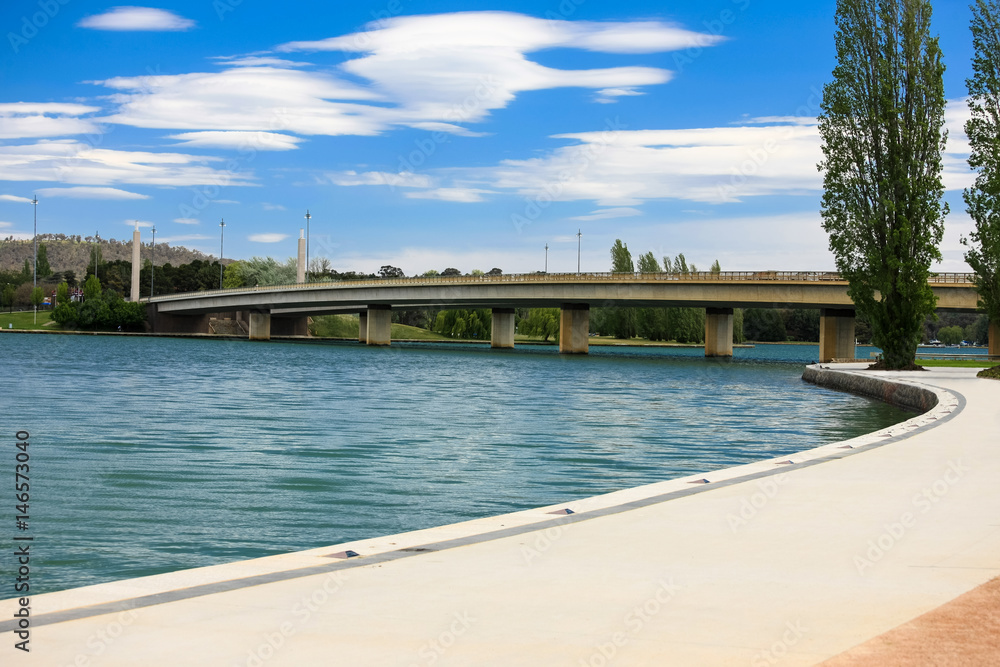 Lake Burley Griffin, Canberra, Australia, with long foot/bike path 