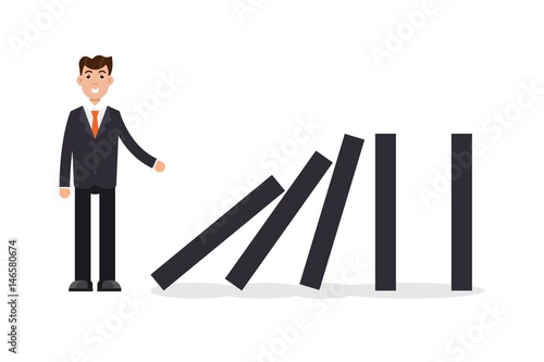 Domino effect. Businessman pushing the domino. Vector illustration.