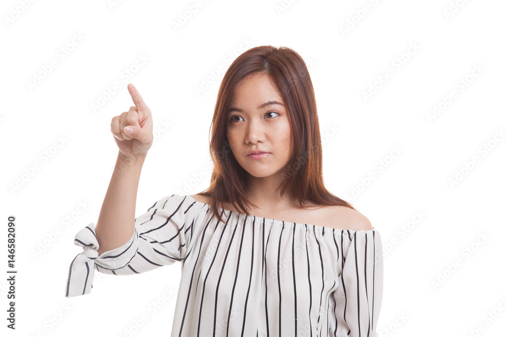 Asian woman touching the screen with finger.