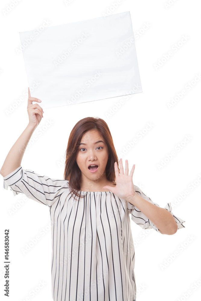 Young Asian woman surprise with white blank sign. Young Asian woman surprise with white blank sign.