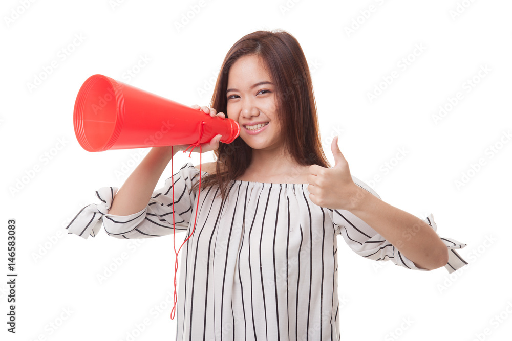 Beautiful young Asian woman show thumbs up announce with megaphone. Beautiful young Asian woman show thumbs up announce with megaphone.