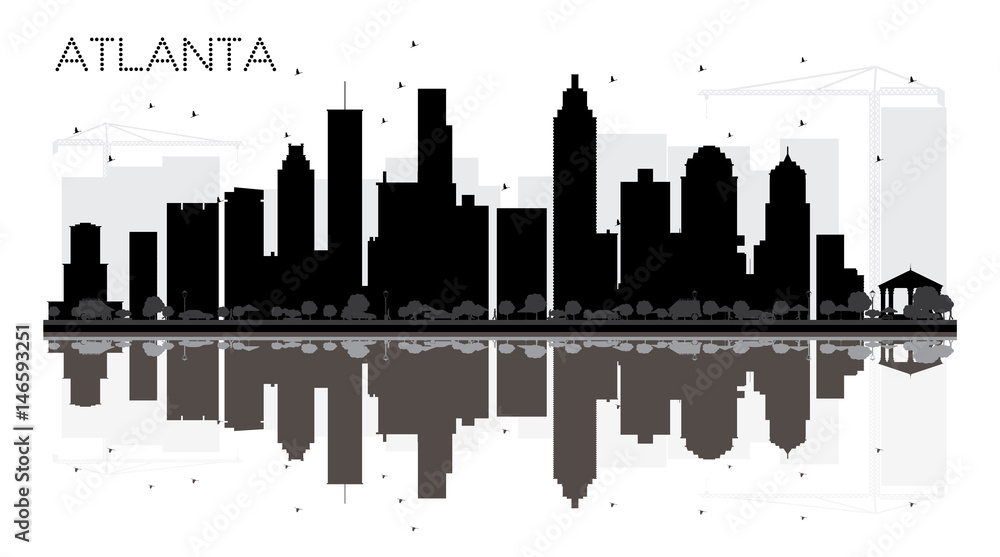 Atlanta City skyline black and white silhouette with reflections.