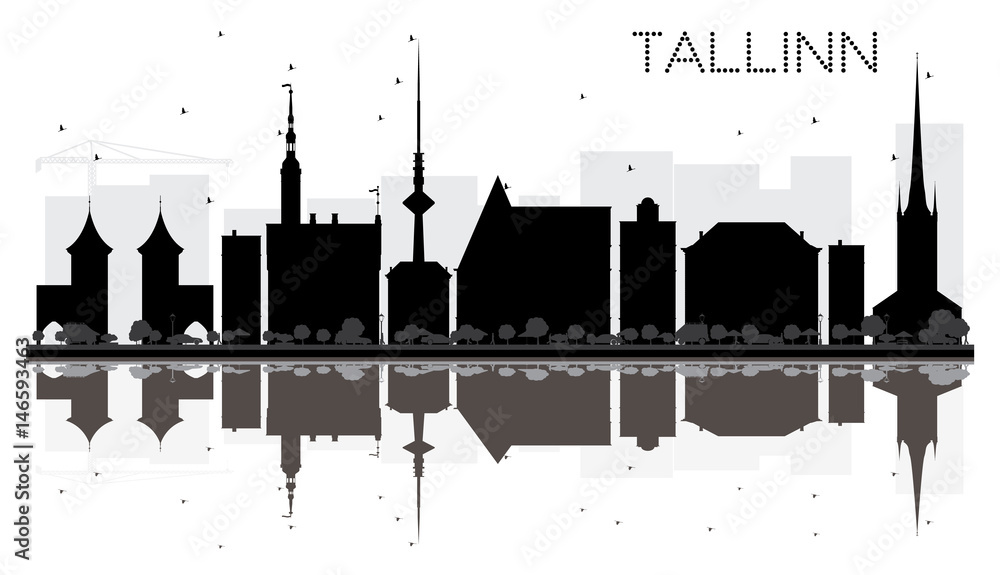 Tallinn City skyline black and white silhouette with reflections.