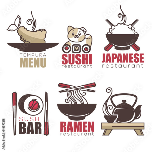 sushi, tempura, ramen, tea, doodle cartoon logo template for your Japanese restaurant