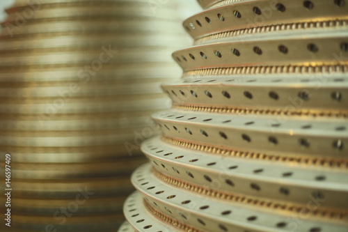 Close Up View / Seletctive Focus, Isolated View Titan II Missile First Stage Engines Only - Out of Focus Engine in Background Striking Graphic Background Backdrop Use with Text Copy Space Overlay  (HD