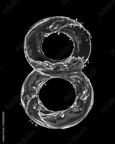 Number 8 made with a splashes of water isolated on black background