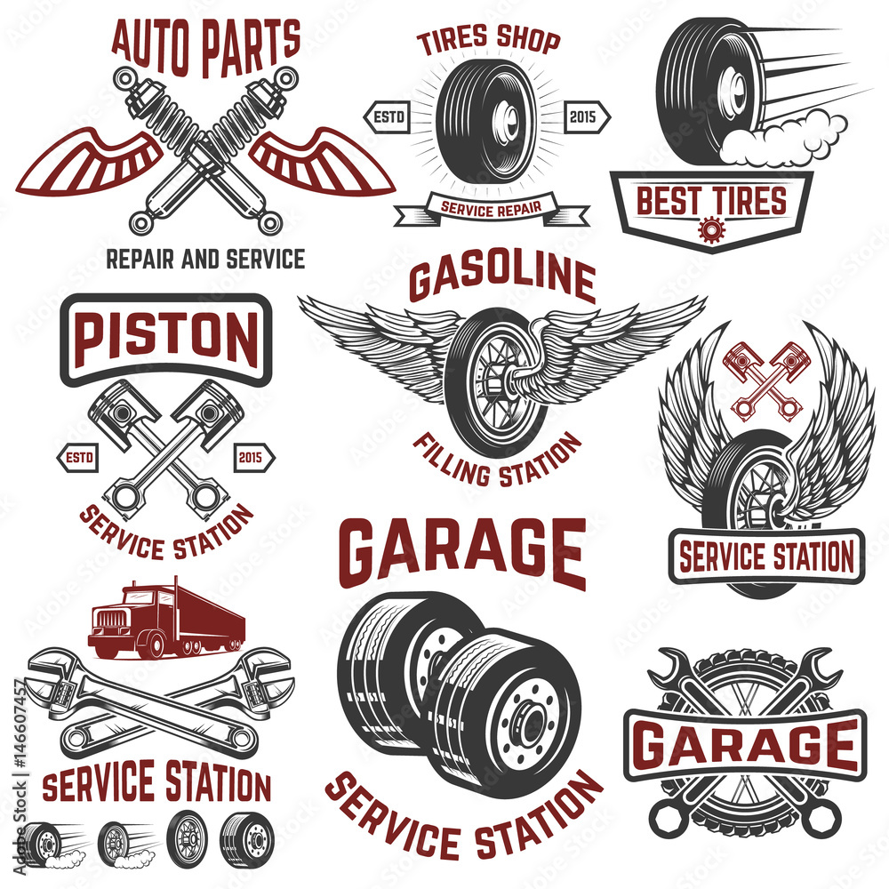 Garage, service station, tires shop, auto parts store. Design elements