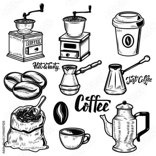 Set of coffee icons on white background. Coffee beans, mills. Vector design elements