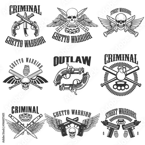 Set of outlaw, criminal, street warrior emblems. Skulls with wings, guns and swords. Design elements for logo, label, emblem, sign, poster, t-shirt. Vector illustration