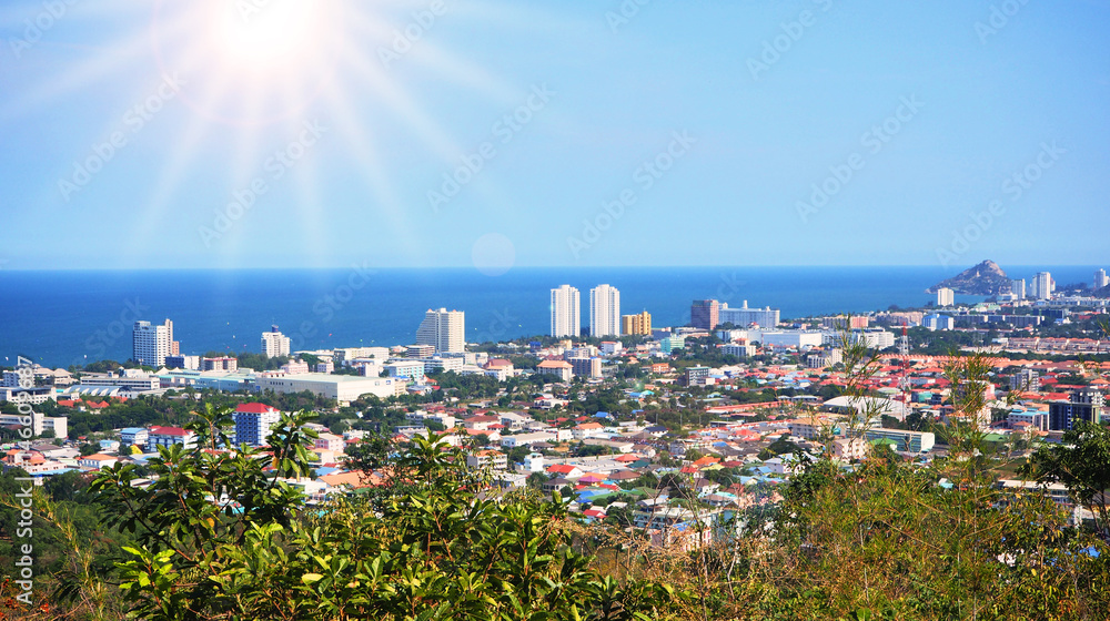 Huahin city top view with sun light the panorama view