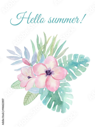 Watercolor tropical card with flowers and leaves