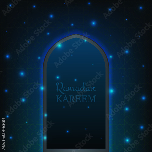 Islamic Ramadan Kareem background. Glowing door with flying shiny particles and pattern