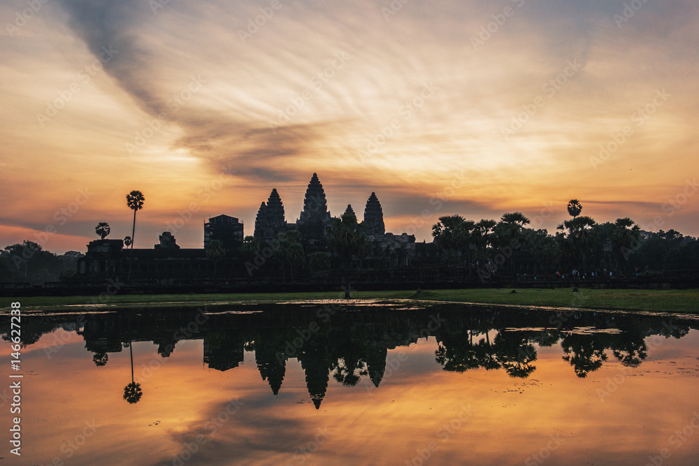 Silhouette of Angkor Wat at sunrise, the best time in the morning at Siem Reap, Cambodia