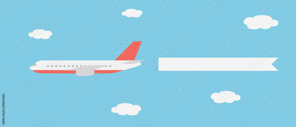 Fototapeta Realistyczne ilustracji wektorowych dużych i szybkich samolotów linii z baner latający między chmurami na błękitnym niebie - nadaje się do reklamy