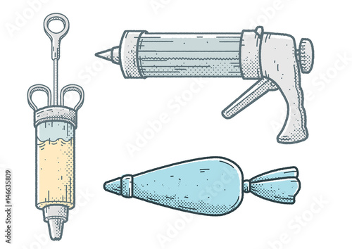 Cake decoration kit illustration, drawing, halftone, retro, cartoon, vector