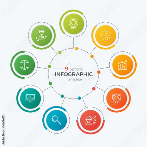 Presentation circle chart template with 9 options. Editable chart stroke.