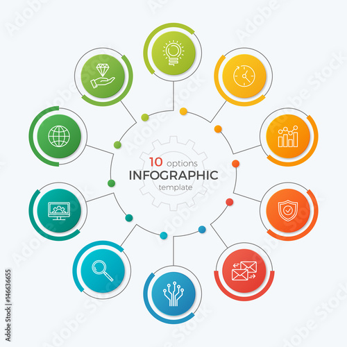 Presentation circle chart template with 10 options. Editable chart stroke.