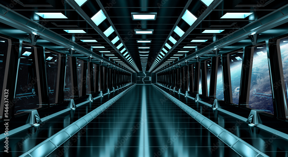 Naklejka premium Spaceship corridor with view on the planet Earth 3D rendering elements of this image furnished by NASA
