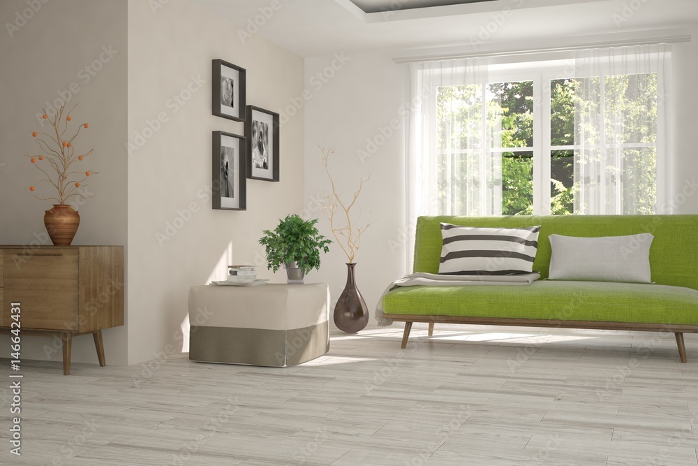 White room with sofa and green landscape in window. Scandinavian interior design. 3D illustration White room with sofa and green landscape in window. Scandinavian interior design. 3D illustration