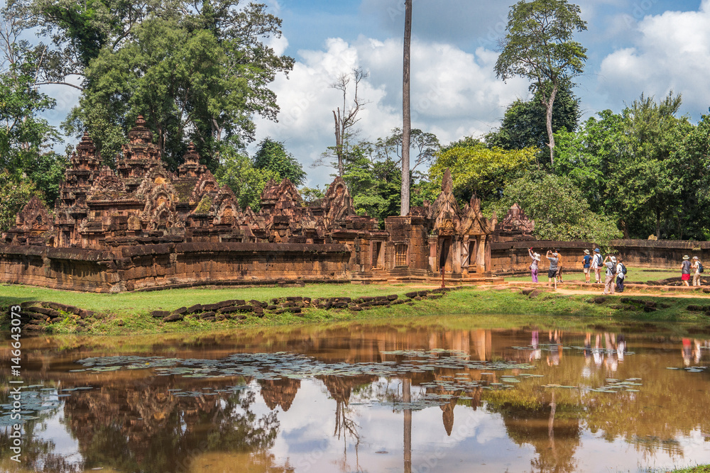 Banteay Srei Temple seen across the moat, Angkor area, Cambodia