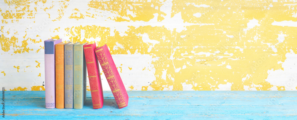 Fototapeta premium row of old books, grungy background, free copy space, panoramic format