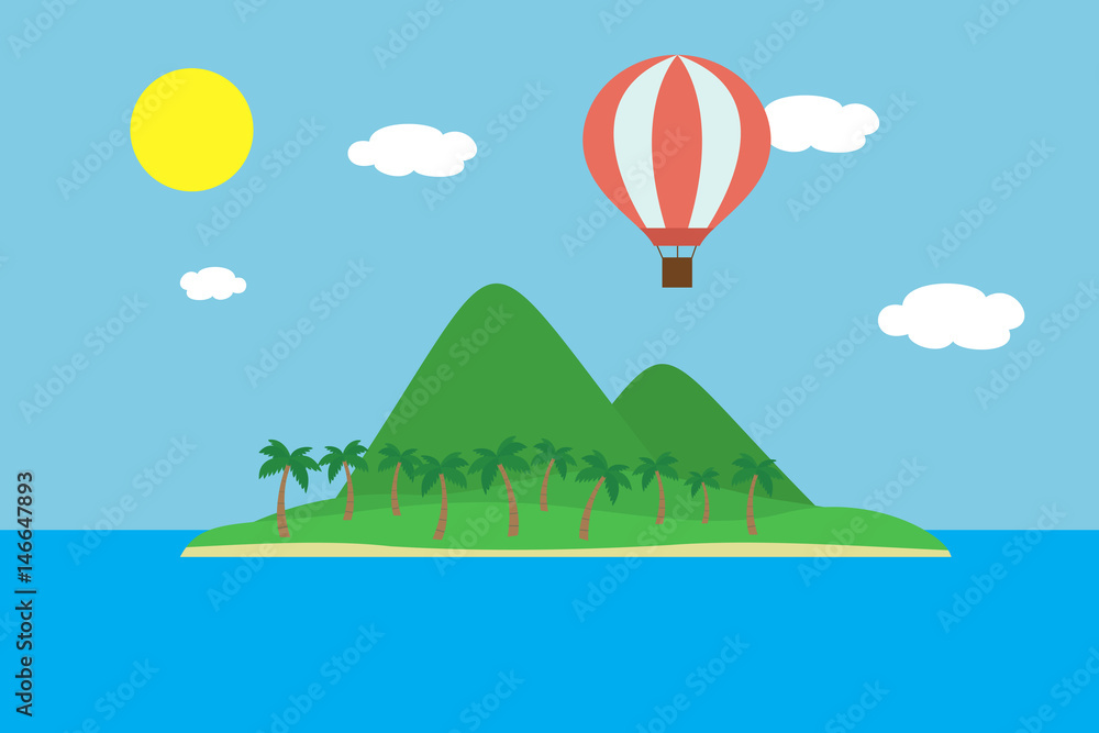 Realistic vector illustration of tropical island with hills and palm trees and hot air balloon flying between clouds on blue sky with sun - suitable for advertising