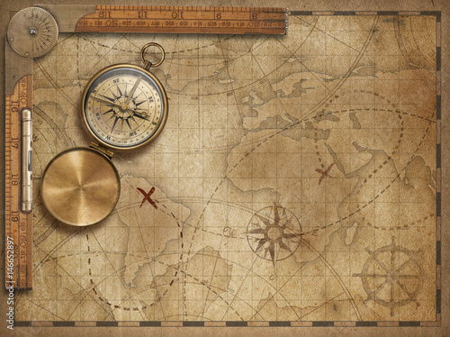 adventure and explore with old nautical world map 3d illustration (map elements are furnished by NASA)