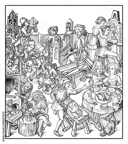 Medieval citizen life  art and craft  leisure  lifestyle and activity  XV century engraving