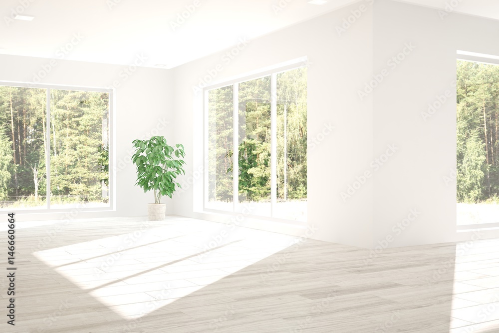 White empty room with green landscape in window. Scandinavian interior design. 3D illustration White empty room with green landscape in window. Scandinavian interior design. 3D illustration