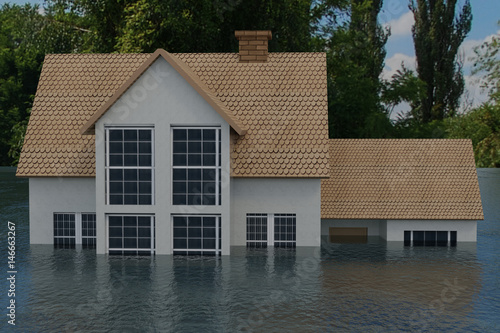 3D rendering of half of a house under flood