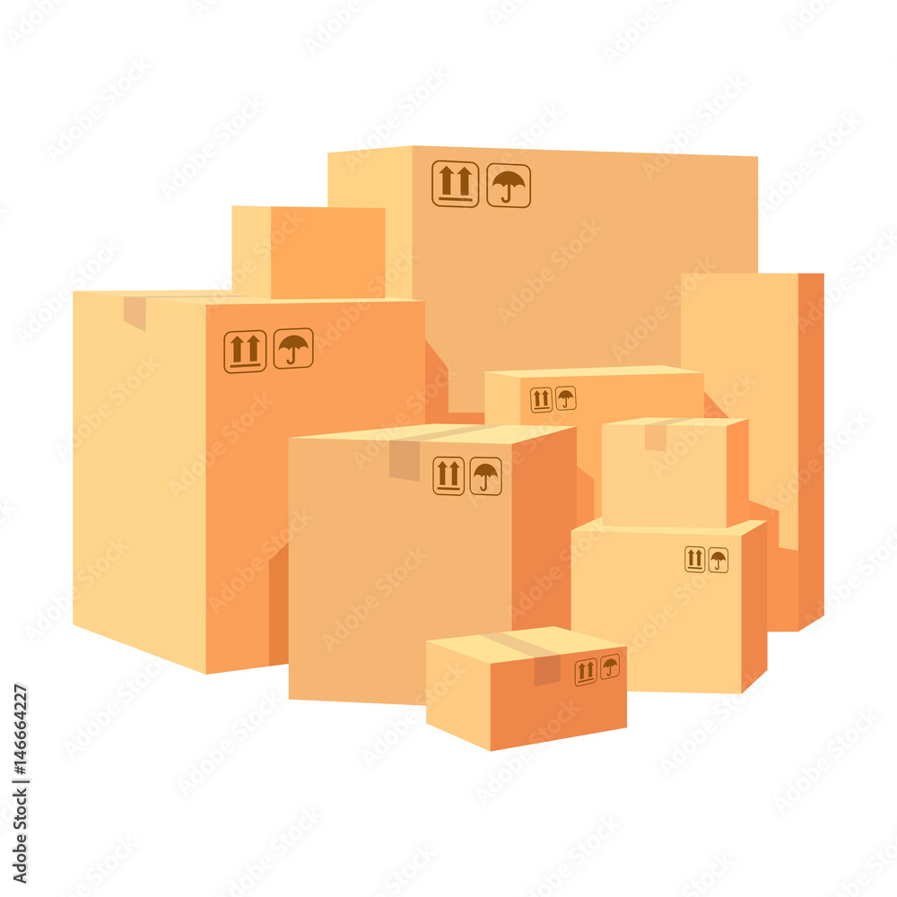 Carton boxes delivery packaging. Pile various of stacked goods cardboard boxes. illustration isolated on white background Carton boxes delivery packaging. Pile various of stacked goods cardboard boxes. illustration isolated on white background