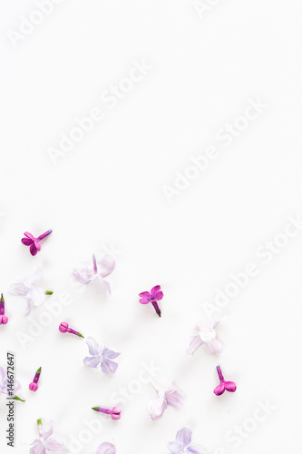 white background on a half filled with lilac flowers. Concept of freshness and beautifulness. Flat lay. Top view. empty spase for the text.