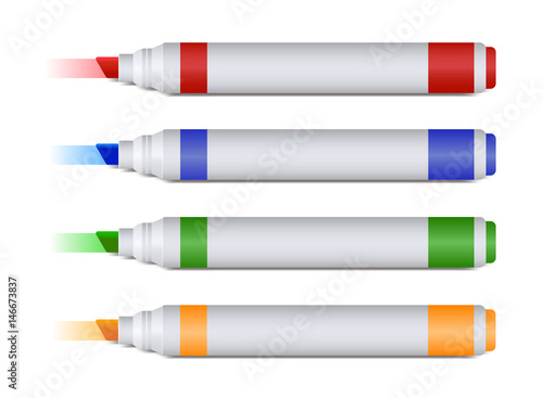 Set of four colorful vector markers or highlighters leaving marks isolated on white background