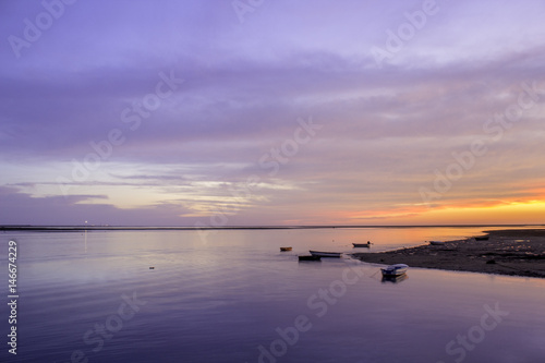 Ria Formosa wetlands natural conservation region landscape, sunset view from Olhao port. Algarve.