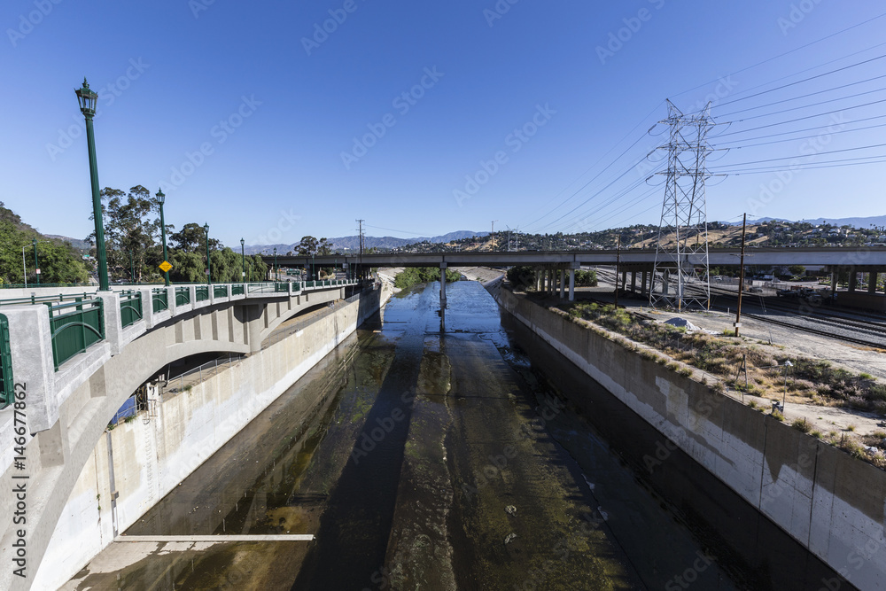Los Angeles River near the Golden State 5 Freeway bridge in Southern California.  