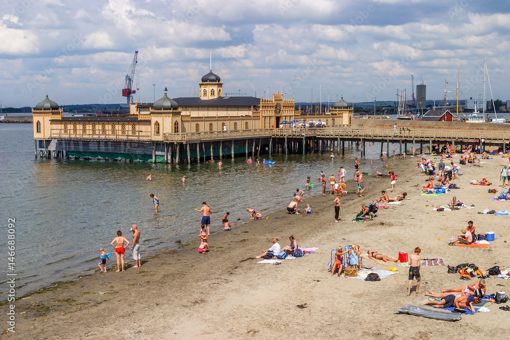 People on the beach at the bathhouse in Varberg, Sweden