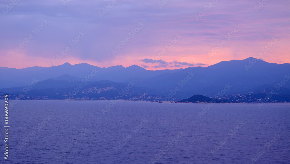 View on the Corsica Island and Bonifacio Strait in France, on sunrise.