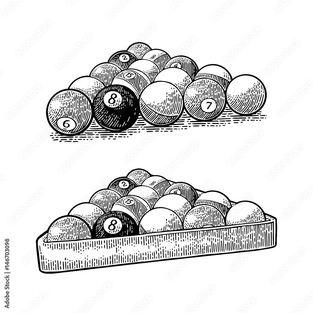 Naklejka premium Billiard balls with number in triangle with shadow. Vintage engraving